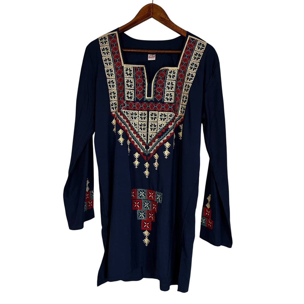 Selma Tunic Top Women L Navy Blue Embroidered Egyptian Long Sleeve Folk Festival